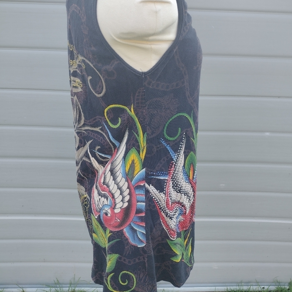 Christian Audigier Y2K Womens Black Rhinestone Roses Tank Top Blouse M - Picture 7 of 11